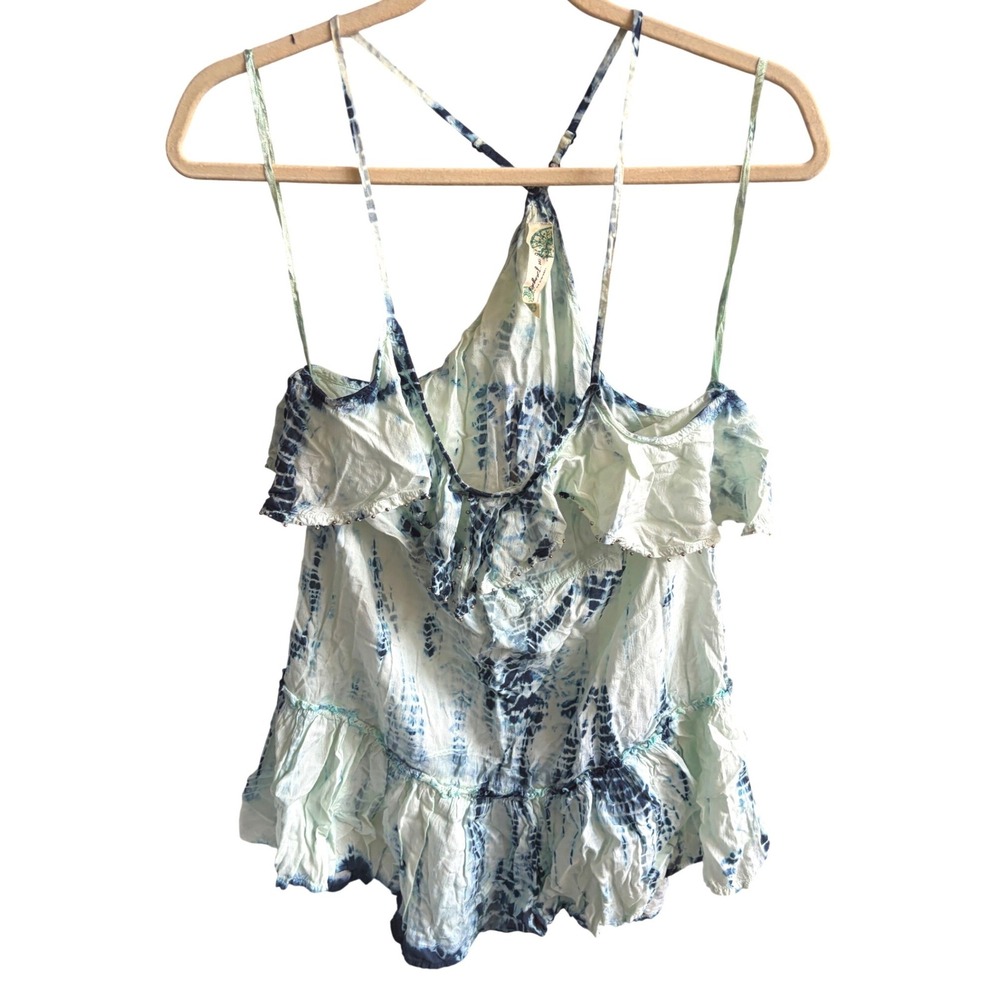 Free People Tie Dye Alligator Tank Blue Beaded Ruffle‎ Peplum XS - Picture 7 of 12